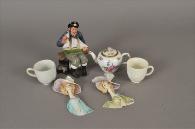 Lot 242 - Pair of Bow coffee cups, Royal Doulton figure, miniature teapot