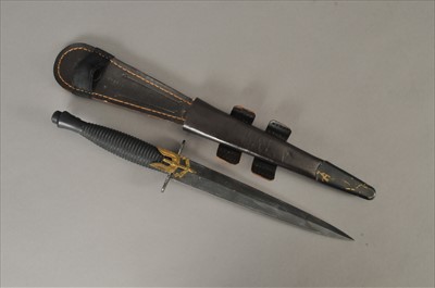 Lot 283 - Three reproduction commando knives, a kukri and a Middle Eastern dagger