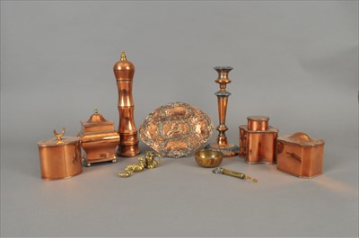 Lot 463 - A collection of decorative copper wares to include four caddies of varying form
