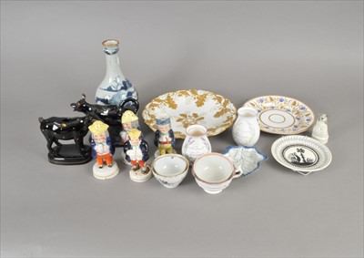 Lot 112 - Staffordshire character salt and pepper pots, creamers, pearlware pickle dish etc