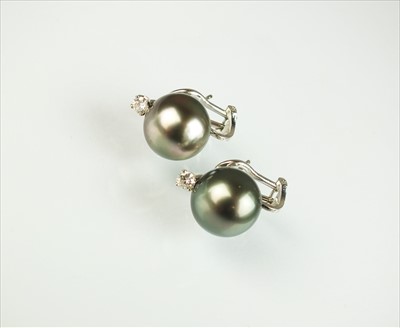 Lot 53 - A pair of 18ct white gold cultured Tahitian pearl and diamond earrings