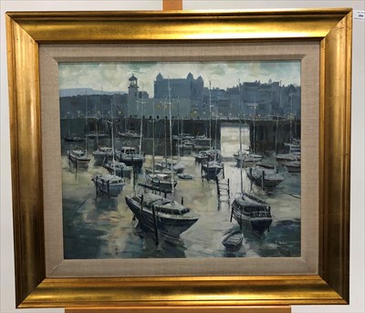 Lot 294 - Tom Wanless ROI RBA (20th Century British- Northern School) Scarborough Marina at Dusk