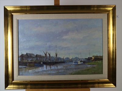 Lot 169 - Matthew Alexander (British, 20th-21st Century), Boats Moored at Faversham Creek