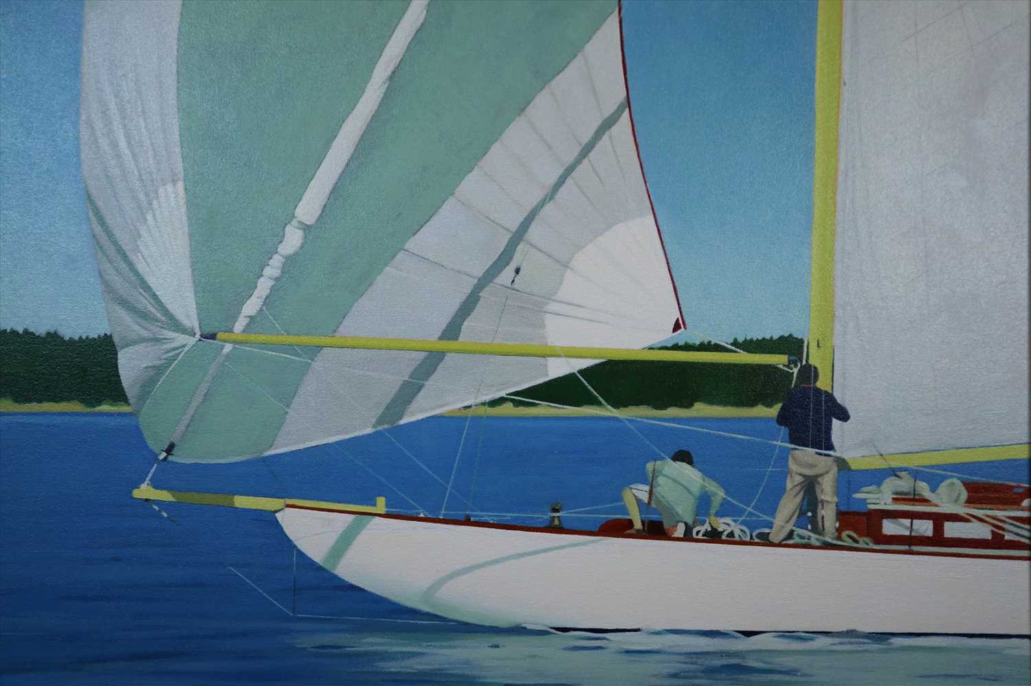 Lot 19 - J Colquhoun (20th century), Men on a Sailboat