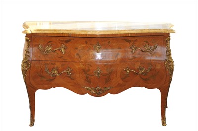 Lot 700 - An early 20th Century Louis XV style French parquetry marble-topped bombe commode
