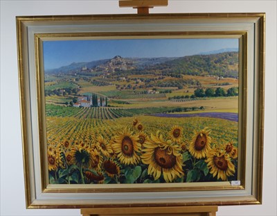 Lot 117 - Lionel Aggett (British 20th Century, 1938-2009), Sunflowers below to Bonnieux, Provence