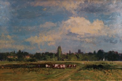 Lot 226 - James Longueville PS PBSA (British, Northern School), Clouds over the Meadows, Chester