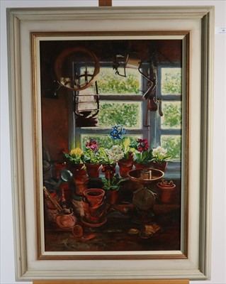 Lot 99 - Neil Faulkner RSMA (British 20th-21st Century), Primulas in the Potting Shed
