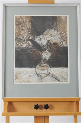 Lot 32 - Richard Bawden RWS NEAC RE (British 20th Century), Roses and Lilac Still Life