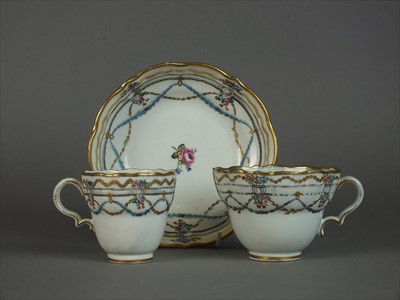 Lot 334 - Caughley polychrome teacup, coffee cup and saucer