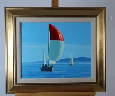 Lot 381 - J Colquhoun (20th Century), Two Boats one with Red Sail