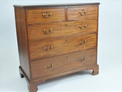 Lot 418 - A 19th century mahogany veneered chest of two short and three long drawers