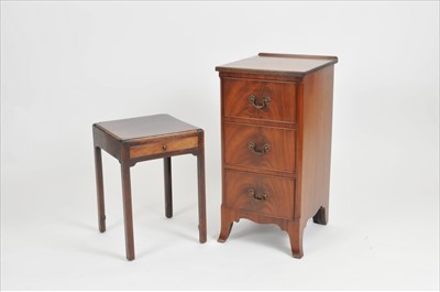 Lot 428 - Supplied by Harrods, a slender mahogany chest of three equal drawers and a bedside table