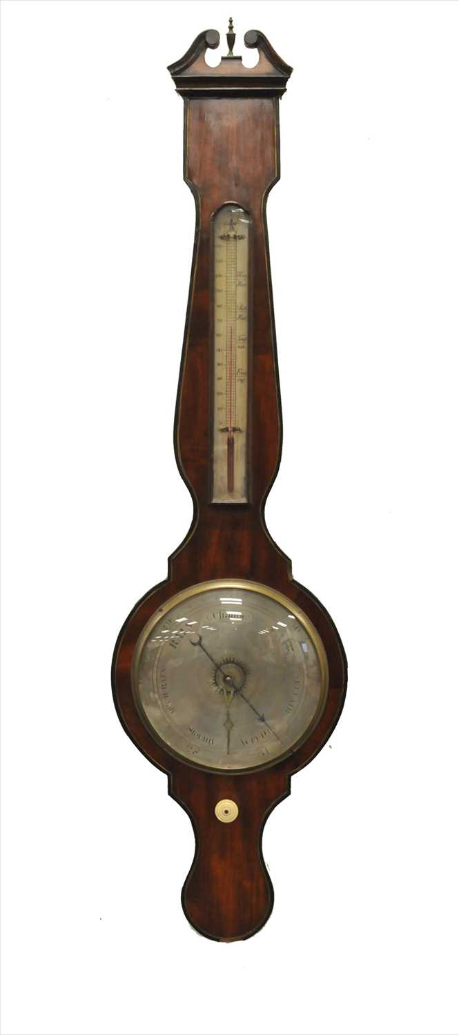 Lot 293 - A 19th century walnut veneered aneroid banjo barometer