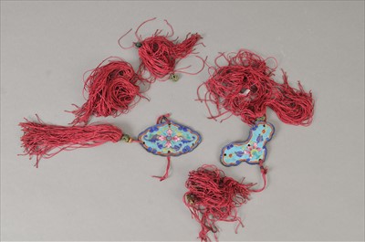 Lot 474 - Two Chinese Canton famille rose enamel tasselled pendants