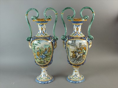 Lot 317 - Italian maiolica snake-handled vases, late 19th century