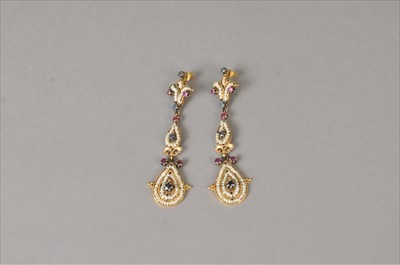 Lot 389 - A pair of seed pearl, ruby and sapphire drop ear pendants