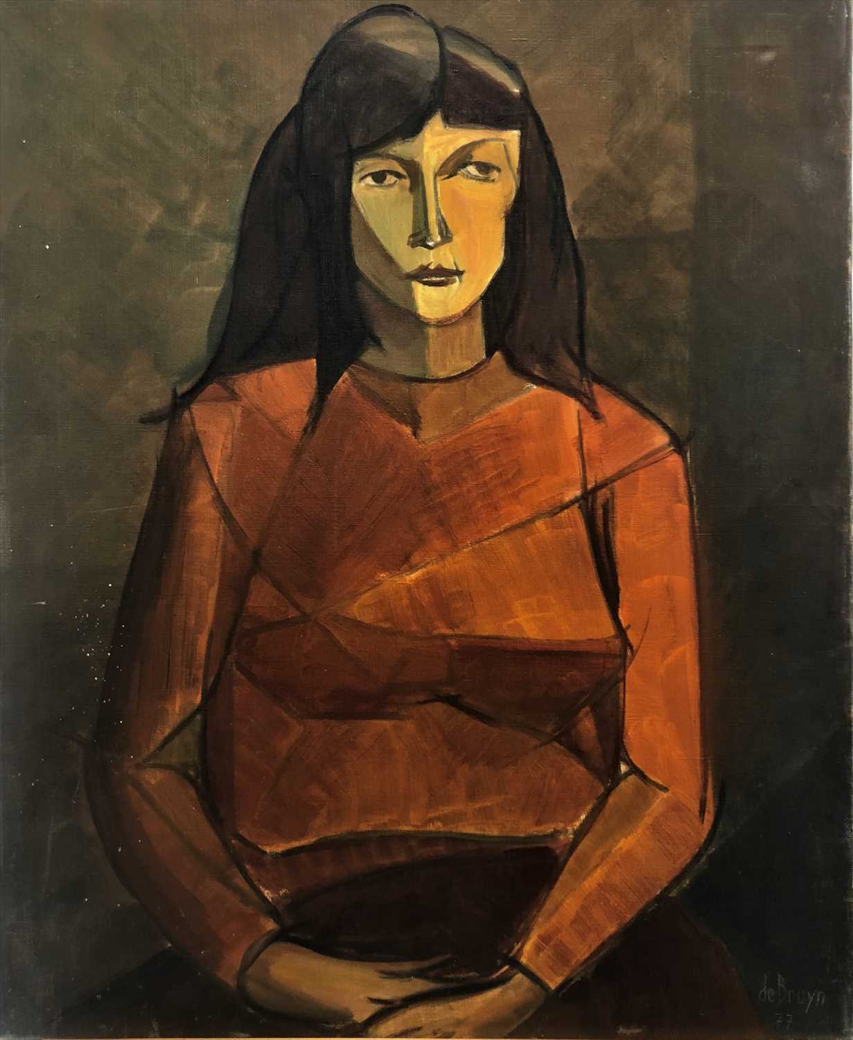 Lot 3 - Francis de Bruyn (Continental, 20th Century), Portrait of a Lady in a Red Sweater