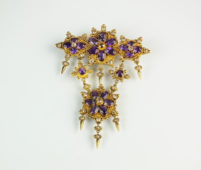 Lot 61 - A 19th century amethyst and diamond girandole style brooch