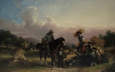 Lot 788 - William Shayer, Harvesters at rest, oil on canvas