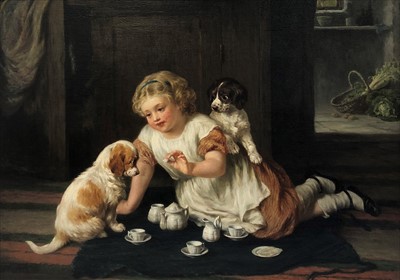 Lot 810 - George Augustus Holmes, Young Girl playing with puppies, oil on canvas