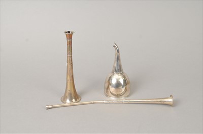 Lot 323 - A silver horn, table lighter and wine funnel