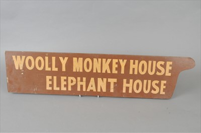 Lot 625 - A 20th century hand painted zoo sign 'Woolly Monkey House, Elephant House'