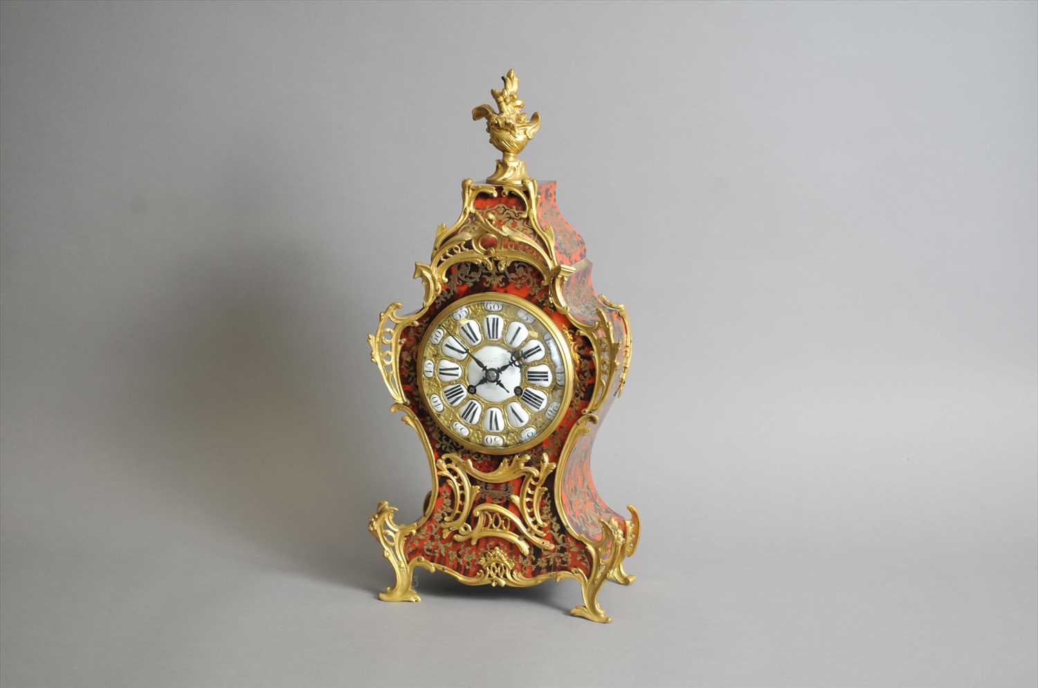 Lot 689 - A French Louis XV style simulated boulle marquetry mantel clock, marked Mappin & Webb Ltd
