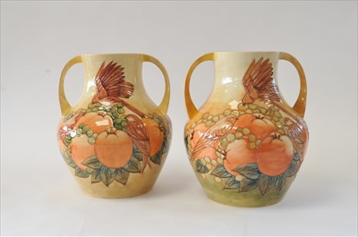 Lot 200 - Pair of Moorcroft twin-handled 'Finches' vases