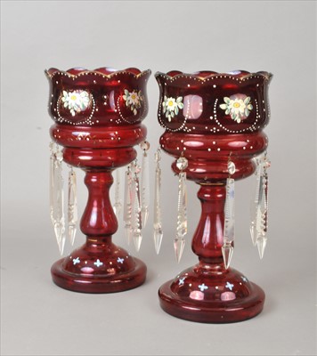 Lot 81 - Pair of late Victorian ruby glass table lustres