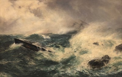 Lot 255 - Peter Graham, shipwreck on the rocks, signed, oil on canvas