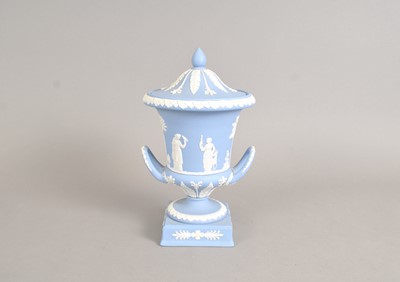 Lot 193 - A Wedgwood blue jasperware campagna urn and cover