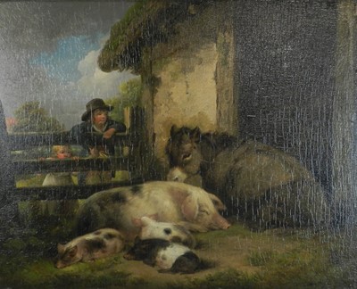 Lot 61 - Circle of George Morland (1763-1804), British School, Farmyard Scene with Donkey and Sow