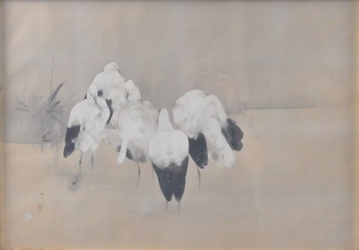 Lot 456 - Watanabe Seiti (Japanese, 1851 - 1918), Storks in a reed bed at the water's edge