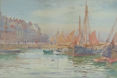 Lot 380 - Edmund Gouldsmith RBA (British 19th Century, 1852-1932), Two watercolours of Brixham Harbour