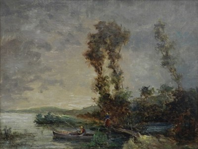 Lot 79 - British school, early 20th century, fishing boat on a lake, oil