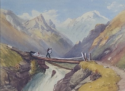 Lot 85 - British school, watercolour, Walking in the Mountains