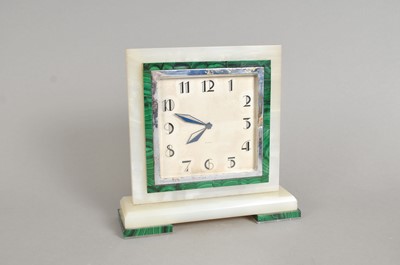 Lot 320 - An Art Deco Swiss-made onyx and malachite framed mantle clock
