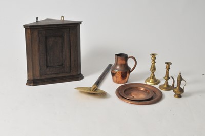 Lot 411 - A mixed collection of antique metalwares and a miniature oak corner cabinet