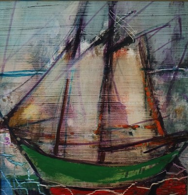 Lot 158 - Paul Martinez-Frias (Welsh School Contemporary, b.1929), Three Sail Ship in Blue Frame