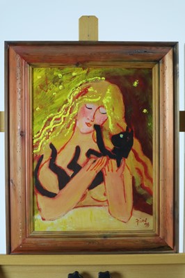 Lot 84 - Paul Martinez-Frias (Welsh School, b.1929), Portrait of a Lady with a Black Cat