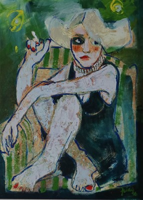 Lot 4 - Paul Martinez-Frias (Welsh School, b.1929), Portrait of a Lady Smoking a Cigarette