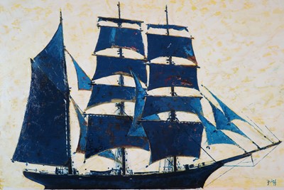 Lot 154 - Paul Martinez-Frias (Welsh School b.1929), Blue Clipper on a Yellow Background