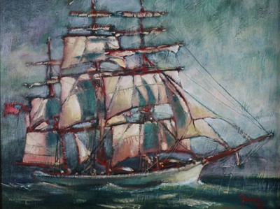 Lot 118 - Paul Martinez-Frias (Welsh School, b.1929), Ship on a Green Background