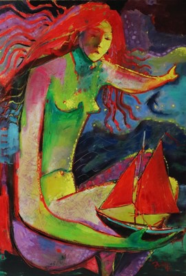 Lot 15 - Paul Martinez-Frias (Welsh School b.1929), Mermaid Holding a Ship