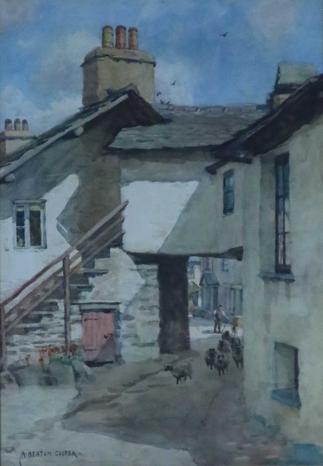 Lot 396 - Alfred Heaton Cooper RI (British 1863-1929), Watercolour of Sheep being driven through an alleyway