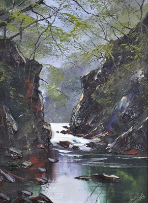 Lot 748 - Terry Evans (British Contemporary b.1943), Impasto oil of a Rocky Stream