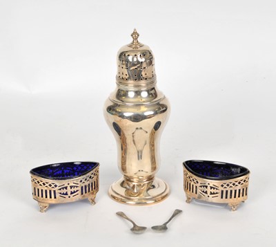 Lot 96 - A silver sugar caster and two salts