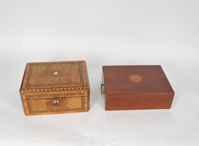 Lot 419 - A Victorian parquetry inlaid walnut writing slope, pens, seals, a later writing slope, etc