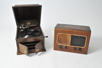 Lot 422 - A HMV (His Master's Voice) model 103 oak-cased gramophone and a PYE radio